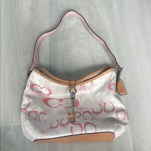 Coach Signature Pink and Tan Shoulder Bag with Leather Trim